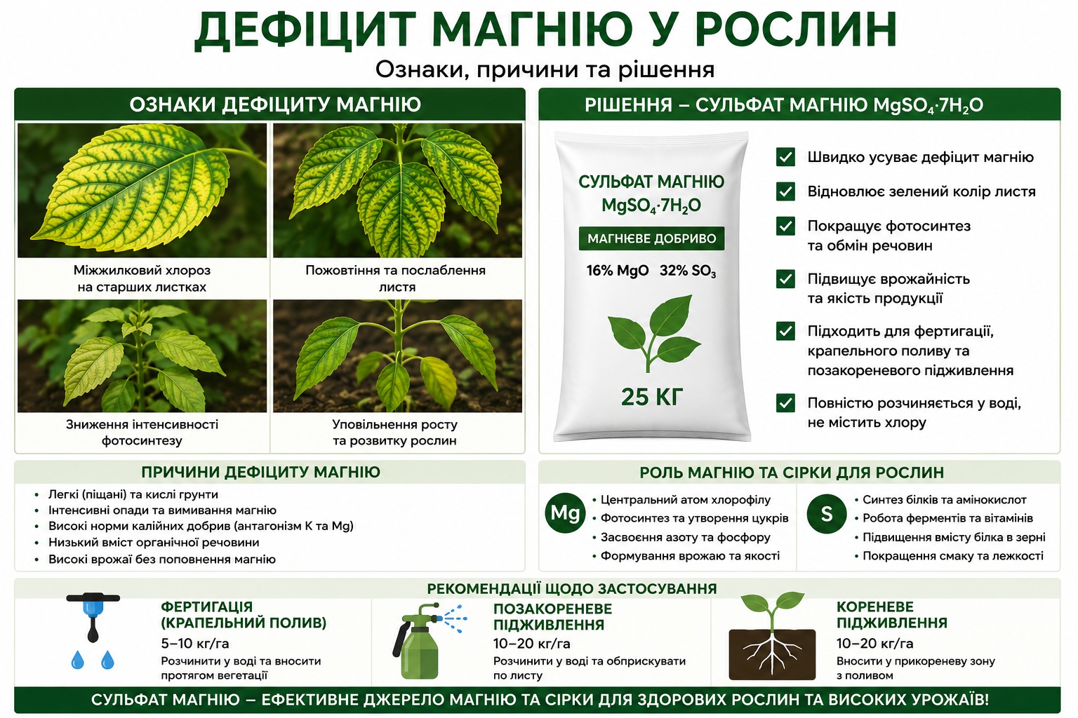 Дефіцит магнію у рослин – ознаки, причини та усунення за допомогою сульфату магнію MgSO4·7H2O